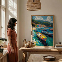 Brazilian Fishing Boat Wall Art, Coastal Ocean Bay Decor - Lush Green Hill View