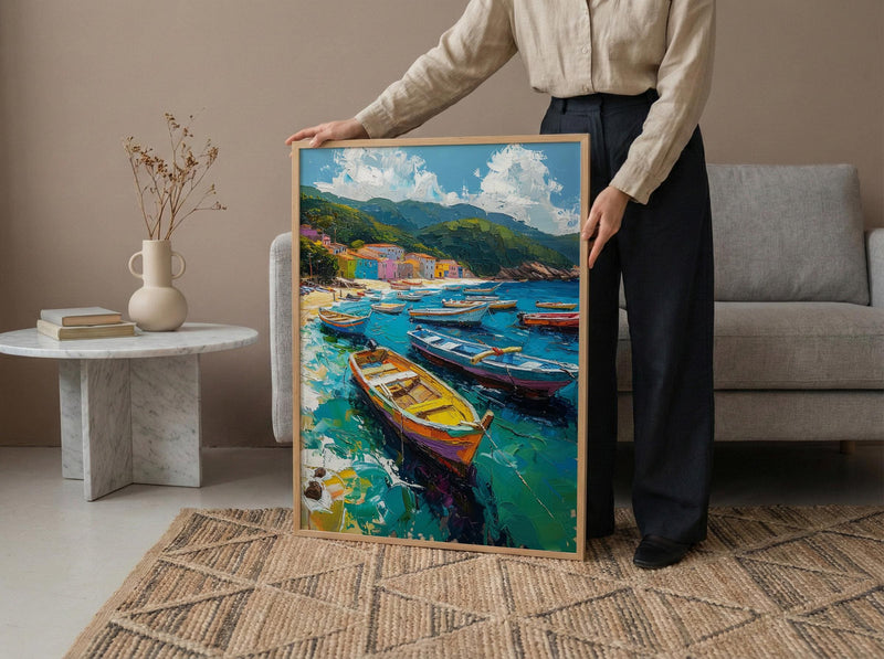 Brazilian Fishing Boat Wall Art, Coastal Ocean Bay Decor - Lush Green Hill View