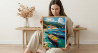 Brazilian Fishing Boat Wall Art, Coastal Ocean Bay Decor - Lush Green Hill View