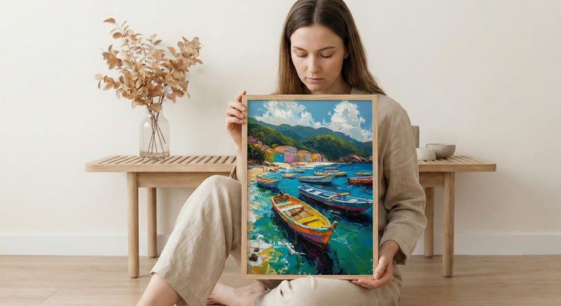 Brazilian Fishing Boat Wall Art, Coastal Ocean Bay Decor - Lush Green Hill View