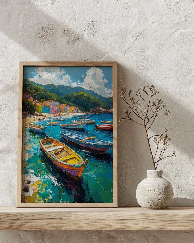 Brazilian Fishing Boat Wall Art, Coastal Ocean Bay Decor - Lush Green Hill View
