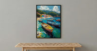 Brazilian Fishing Boat Wall Art, Coastal Ocean Bay Decor - Lush Green Hill View
