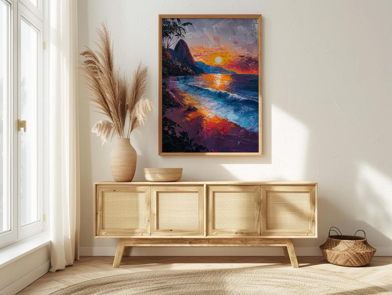 Rio Sugarloaf Mountain Poster, Brazil City Nature Decor - Vibrant Orange Sunset Sky