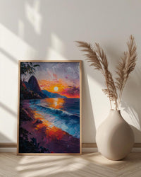 Rio Sugarloaf Mountain Poster, Brazil City Nature Decor - Vibrant Orange Sunset Sky