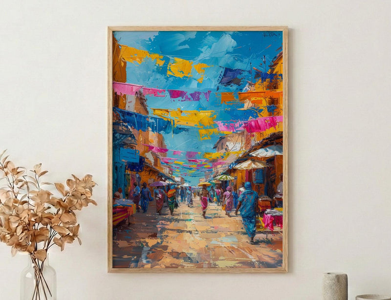 African Market Poster, Kente Cloth Decor - Colorful Textile Art