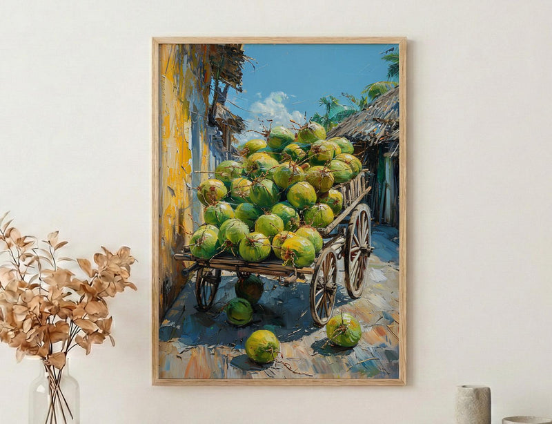 Fresh Coconut Cart Wall Art, Brazil Street Decor - Green Tropical Fruit Summer Vibe