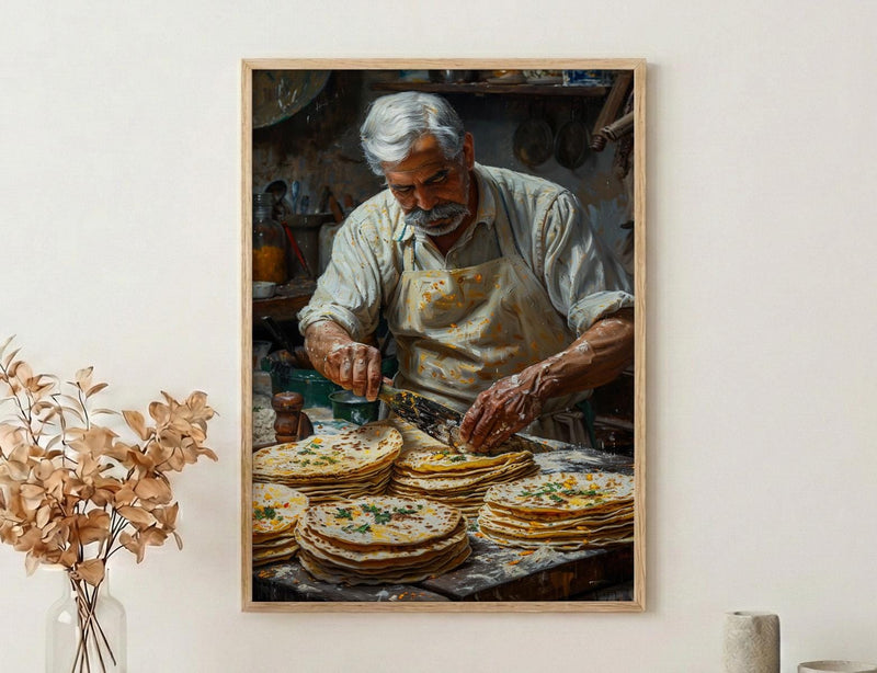Making Fresh Tortilla Art Print, Mexican Food Decor - Rustic Griddle Warm Summer Evening