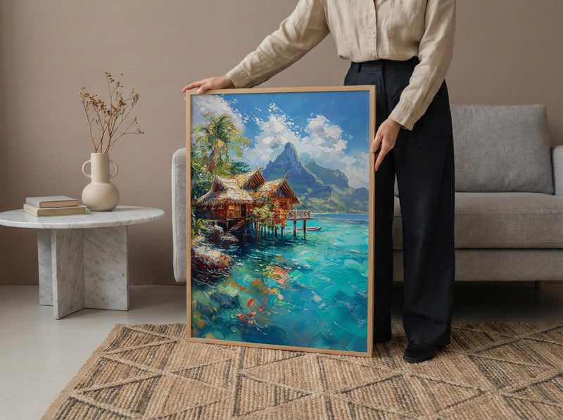 Bora Bora Ocean Art Print, Water Bungalow Home Decor - Bright Tropical Beach Summer Paradise
