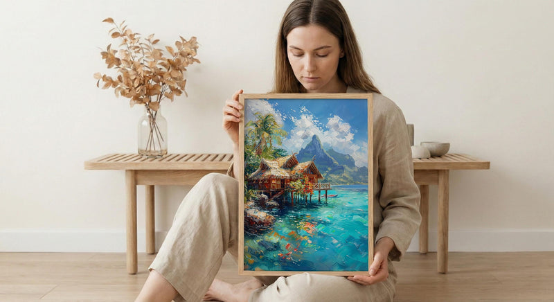Bora Bora Ocean Art Print, Water Bungalow Home Decor - Bright Tropical Beach Summer Paradise