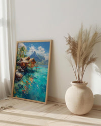 Bora Bora Ocean Art Print, Water Bungalow Home Decor - Bright Tropical Beach Summer Paradise