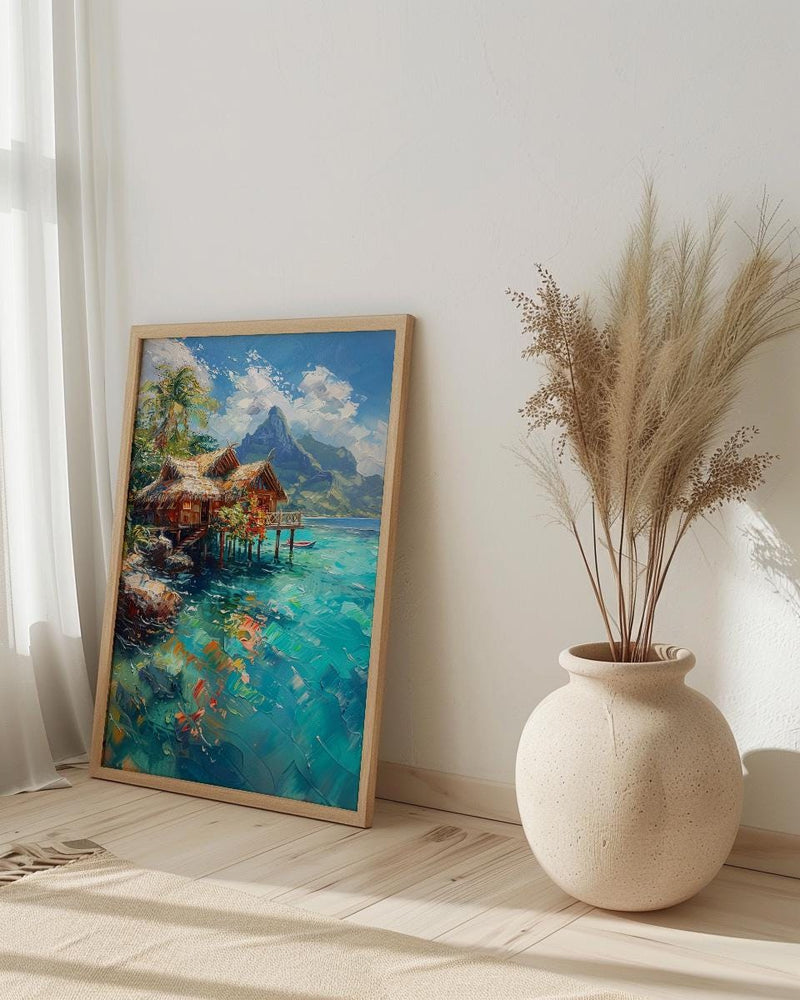 Bora Bora Ocean Art Print, Water Bungalow Home Decor - Bright Tropical Beach Summer Paradise