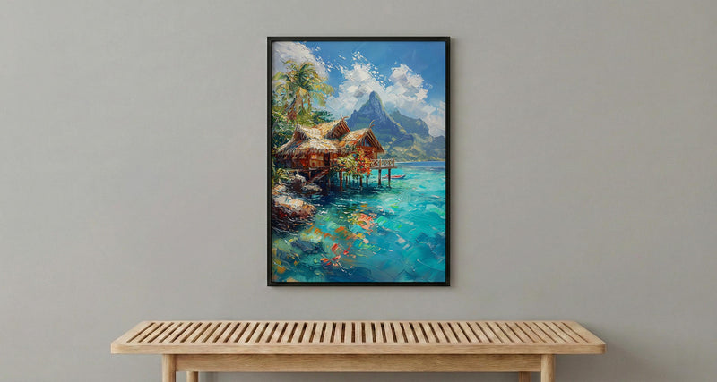 Bora Bora Ocean Art Print, Water Bungalow Home Decor - Bright Tropical Beach Summer Paradise