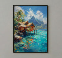 Bora Bora Ocean Art Print, Water Bungalow Home Decor - Bright Tropical Beach Summer Paradise