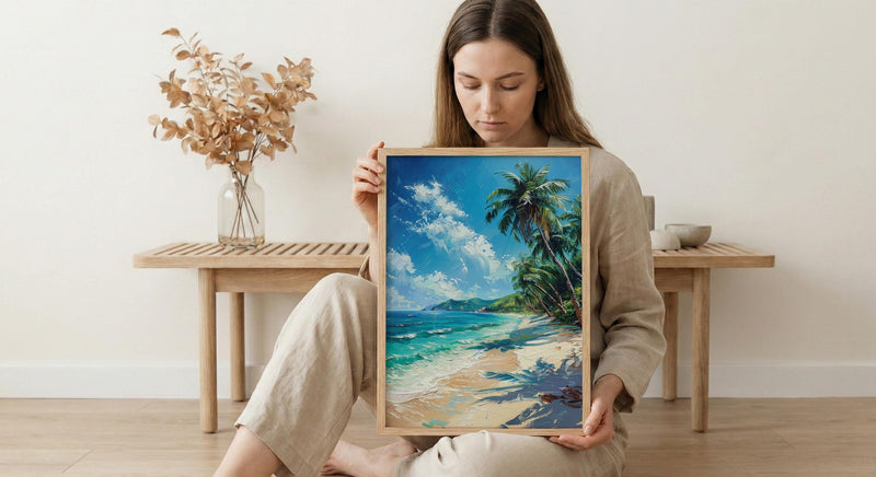Fiji White Beach Wall Art, Tropical Palm Home Decor - Bright Warm Ocean Summer Getaway