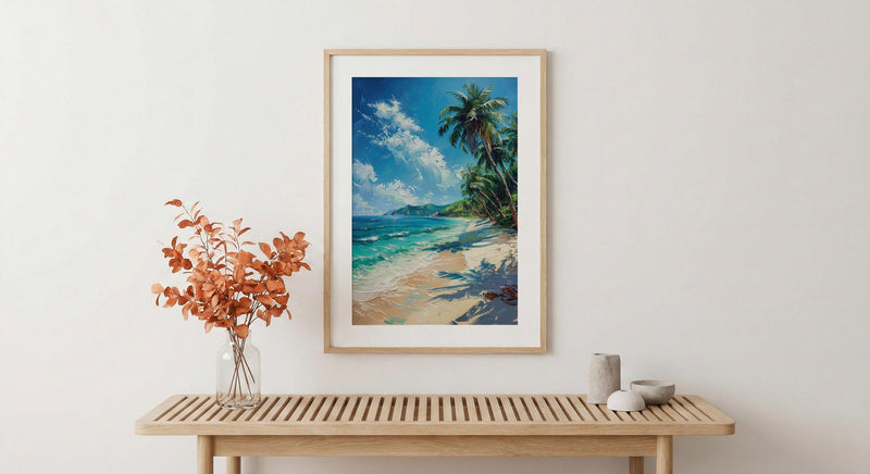 Fiji White Beach Wall Art, Tropical Palm Home Decor - Bright Warm Ocean Summer Getaway