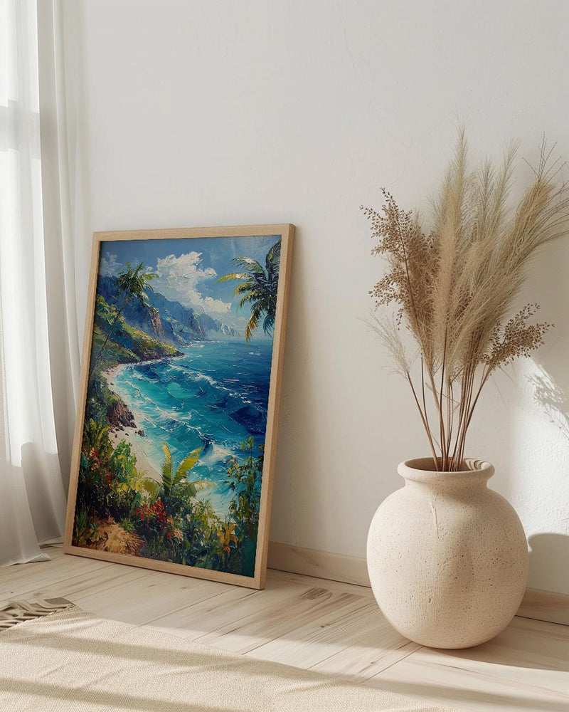 Tahiti Emerald Peak Art Print, Tropical Ocean Home Decor - Lush Green Nature Summer Landscape