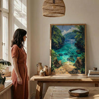 Samoa Ocean Trench Wall Art, Tropical Jungle Home Decor - Glowing Blue Water Summer Escape