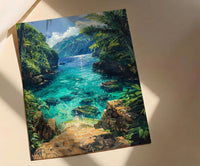Samoa Ocean Trench Wall Art, Tropical Jungle Home Decor - Glowing Blue Water Summer Escape