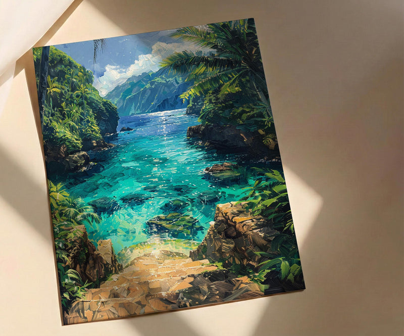 Samoa Ocean Trench Wall Art, Tropical Jungle Home Decor - Glowing Blue Water Summer Escape