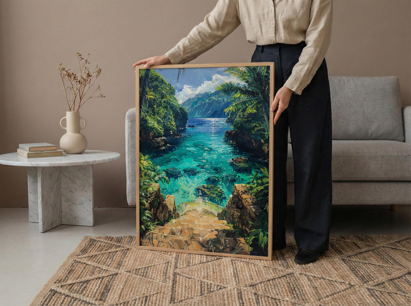 Samoa Ocean Trench Wall Art, Tropical Jungle Home Decor - Glowing Blue Water Summer Escape