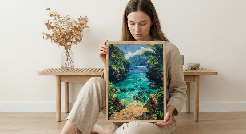Samoa Ocean Trench Wall Art, Tropical Jungle Home Decor - Glowing Blue Water Summer Escape