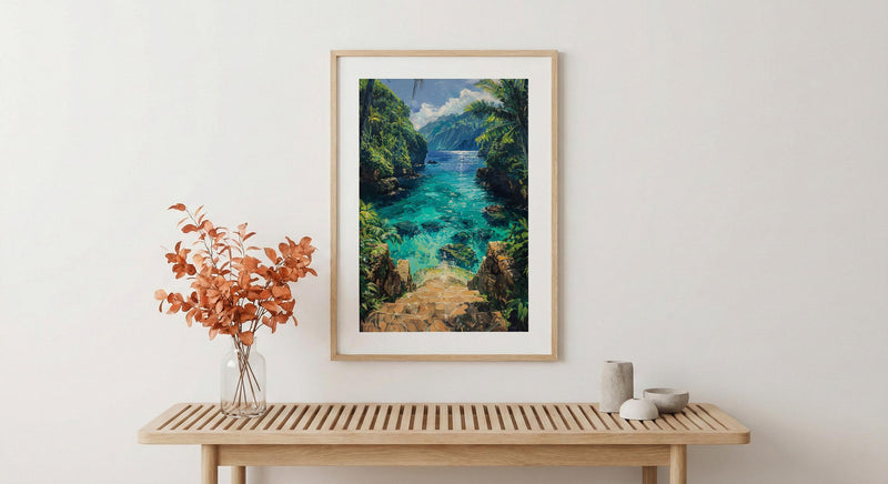Samoa Ocean Trench Wall Art, Tropical Jungle Home Decor - Glowing Blue Water Summer Escape