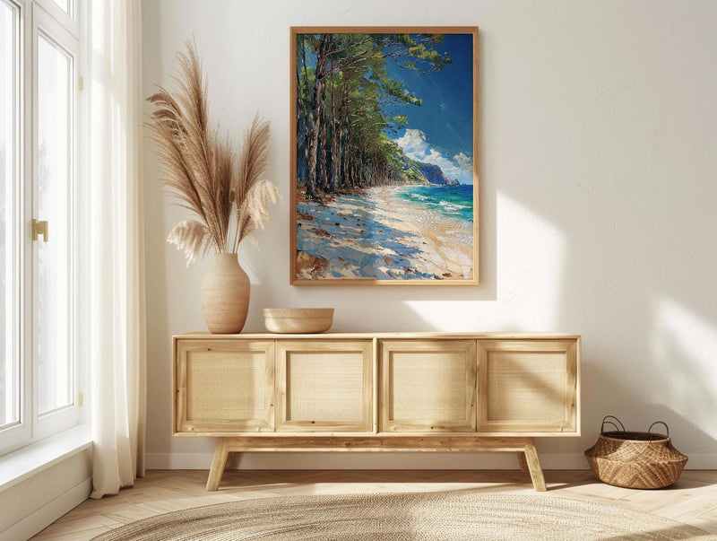 New Caledonia Pine Art Print, White Beach Home Decor - Tropical Bright Ocean Summer Morning