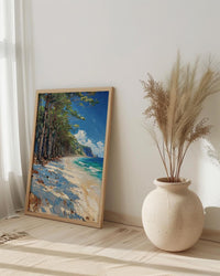 New Caledonia Pine Art Print, White Beach Home Decor - Tropical Bright Ocean Summer Morning