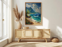 Moorea Coral Reef Ocean Poster, Turquoise Water Home Decor - Green Mountain Coast Summer Scene