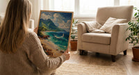 Moorea Coral Reef Ocean Poster, Turquoise Water Home Decor - Green Mountain Coast Summer Scene