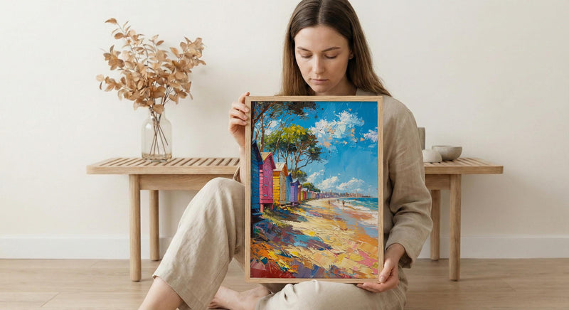 Brighton Beach Box Art Print, Melbourne Summer Home Decor - Colorful Sandy Coast Summer Setting