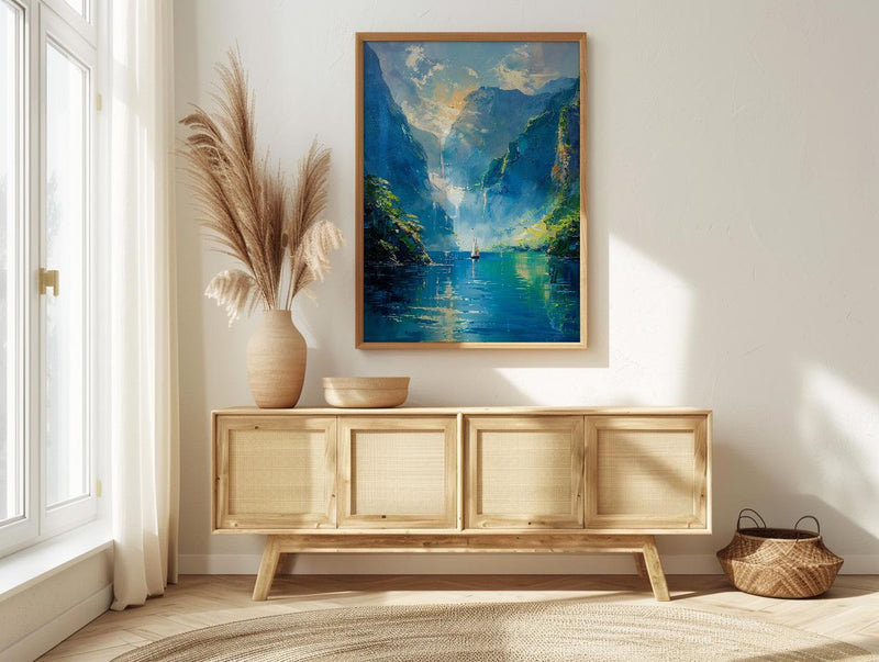 Milford Sound Fall Ocean Poster, Green Cliff Home Decor - Peaceful Nature River Summer View