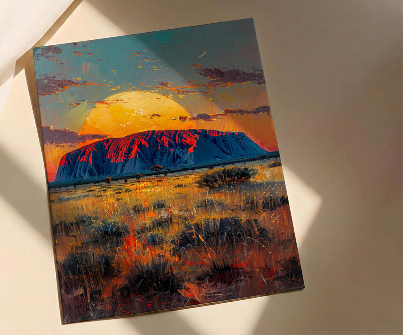 Uluru Sunset Rock Wall Art, Australia Outback Home Decor - Bright Red Desert Summer Scenery