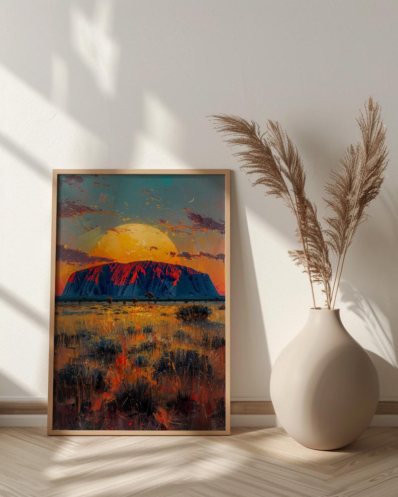 Uluru Sunset Rock Wall Art, Australia Outback Home Decor - Bright Red Desert Summer Scenery