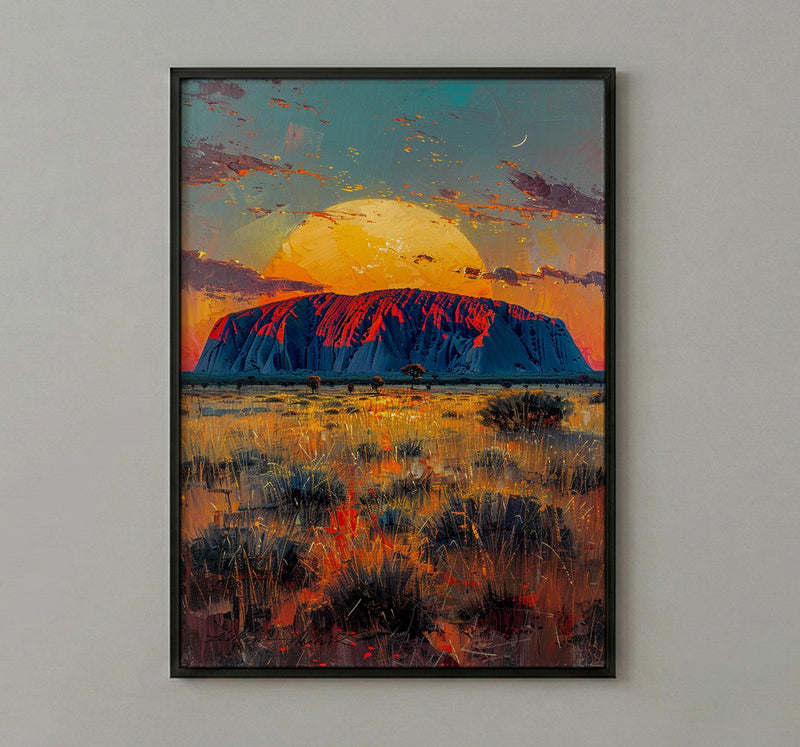 Uluru Sunset Rock Wall Art, Australia Outback Home Decor - Bright Red Desert Summer Scenery