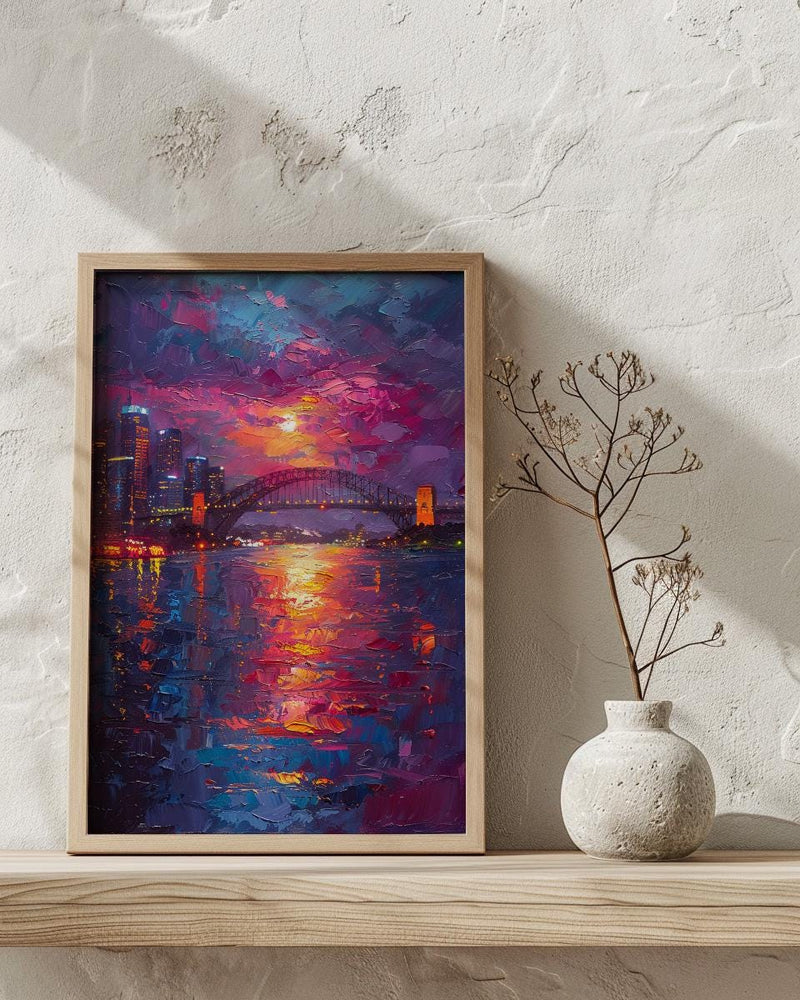 Sydney Harbour Night City Poster, Australia Travel Home Decor - Colorful Evening Coast Summer Scene