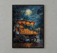 Golden Empanada Street Art Print, Latin Food Decor - Warm Evening Lantern Summer Cart