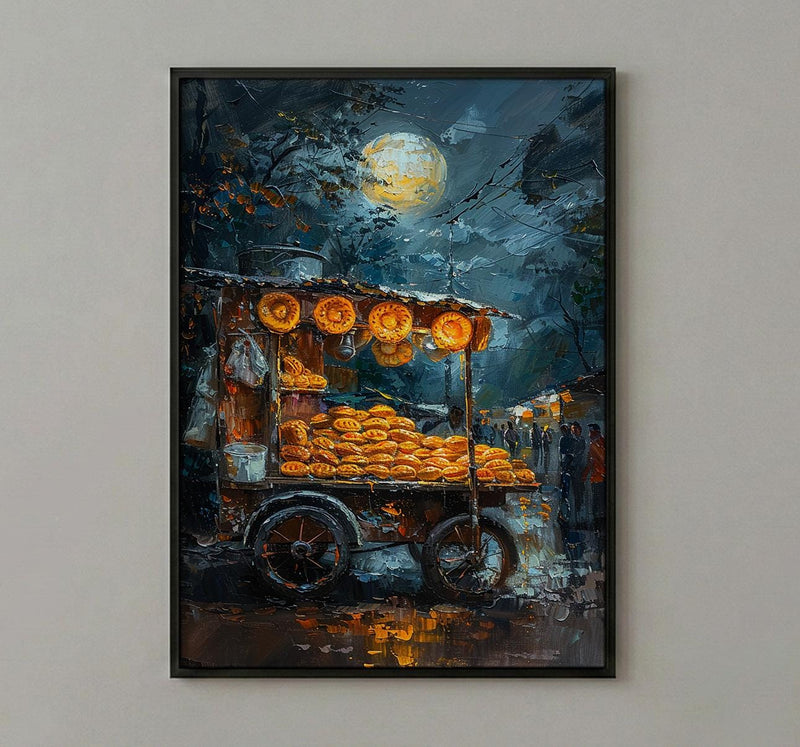 Golden Empanada Street Art Print, Latin Food Decor - Warm Evening Lantern Summer Cart