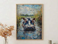 African Hippo Poster, River Reeds Decor - Green Nature Landscape