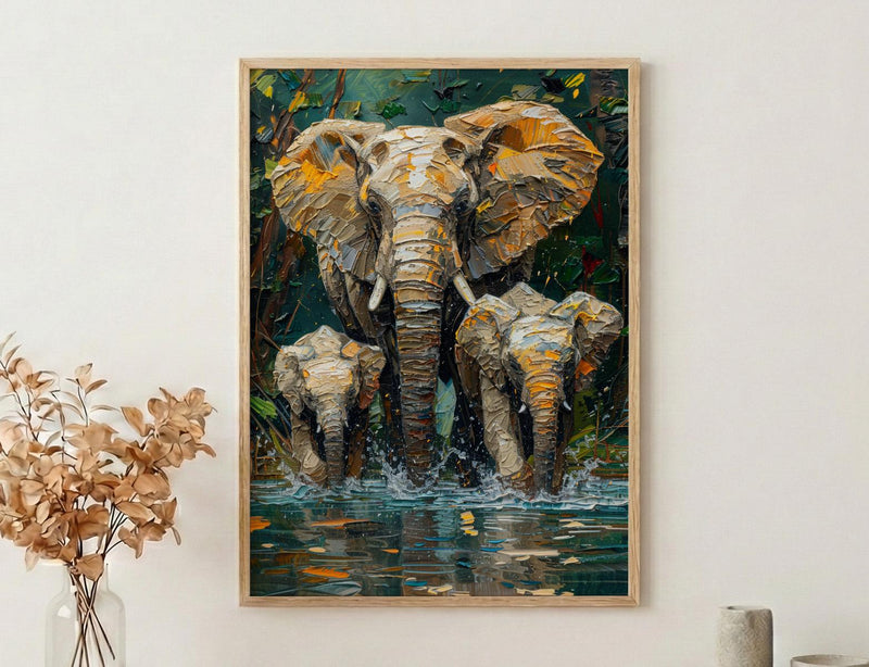 African Elephant Art Print, Lush Lake Decor - Summer Nature Landscape