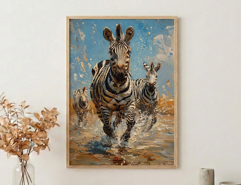 Zebra Herd Poster, African River Decor - Summer Wildlife Art