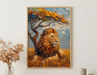 African Lion Wall Art, Acacia Tree Decor - Summer Savanna Landscape