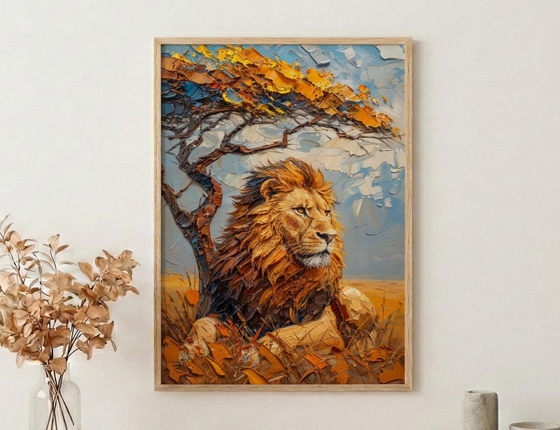 African Lion Wall Art, Acacia Tree Decor - Summer Savanna Landscape
