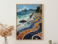 Copacabana Mosaic Walkway Wall Art, Rio Beach City Decor - Bright Blue Ocean Scene