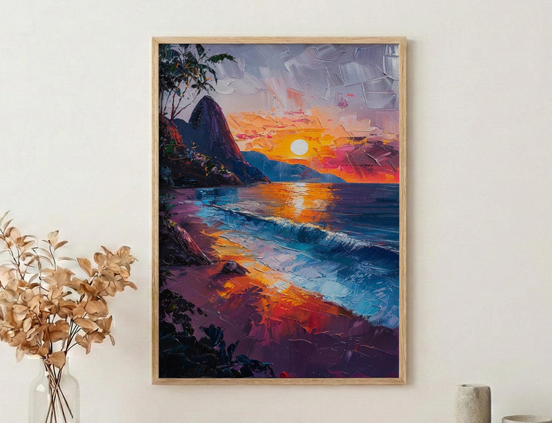 Rio Sugarloaf Mountain Poster, Brazil City Nature Decor - Vibrant Orange Sunset Sky