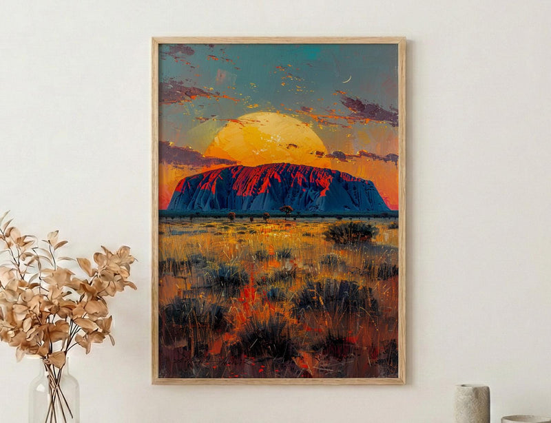 Uluru Sunset Rock Wall Art, Australia Outback Home Decor - Bright Red Desert Summer Scenery