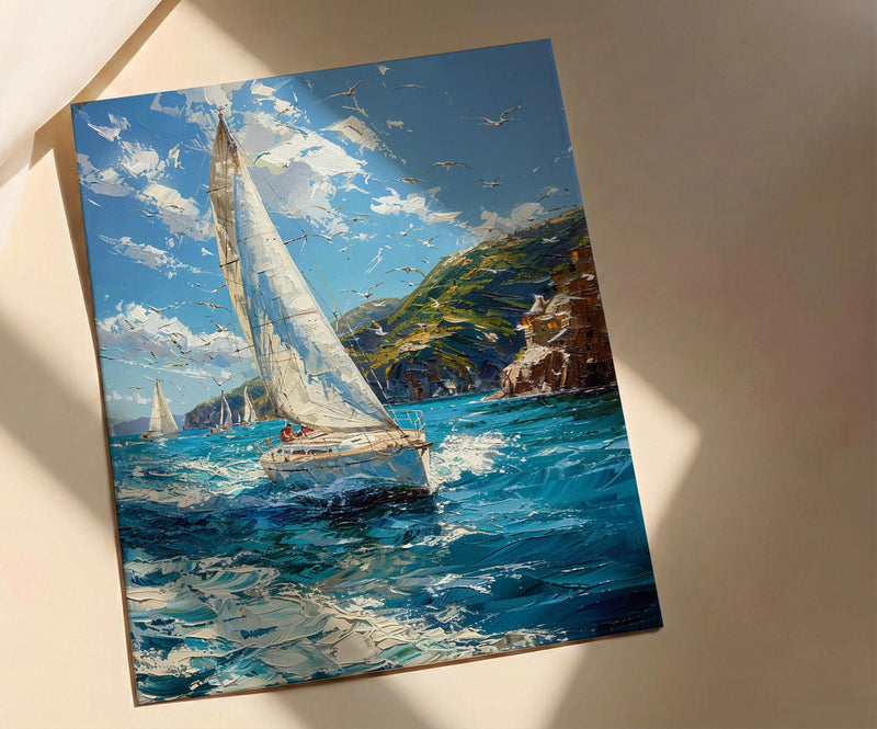 Bay Of Islands Art Print, White Sailboat Home Decor - Energetic Ocean Coast Summer Getaway