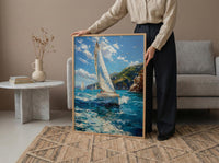 Bay Of Islands Art Print, White Sailboat Home Decor - Energetic Ocean Coast Summer Getaway