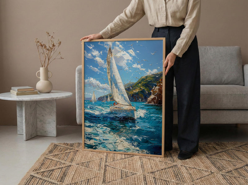 Bay Of Islands Art Print, White Sailboat Home Decor - Energetic Ocean Coast Summer Getaway
