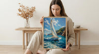 Bay Of Islands Art Print, White Sailboat Home Decor - Energetic Ocean Coast Summer Getaway